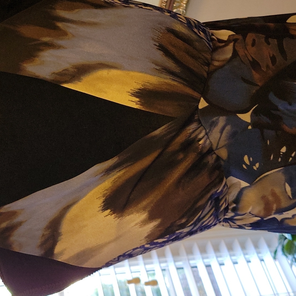 Karen Kane blue brown black floral Vneck sleeveless dress empire waist S…EUC - Picture 2 of 7